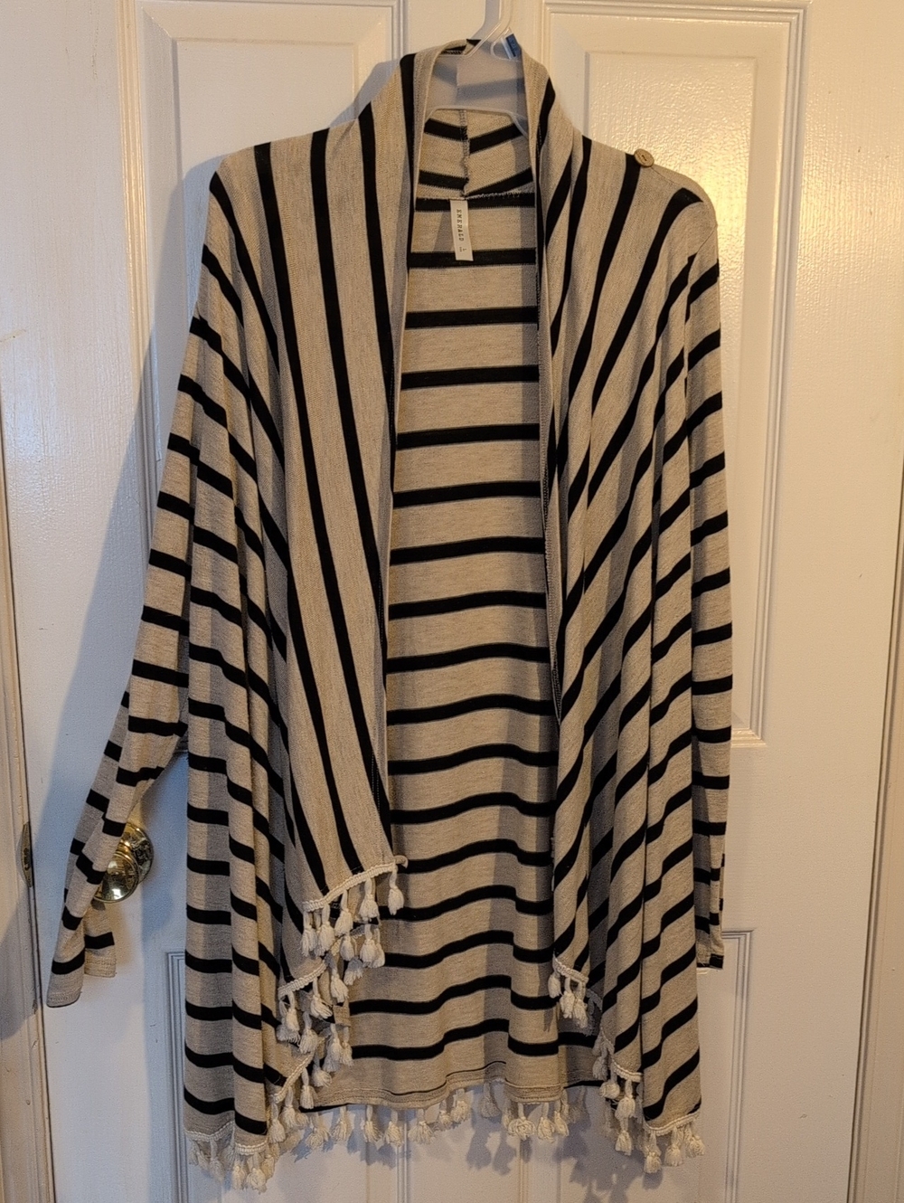 Emerald Black & Cream Striped Open-Front Cardigan with Tassel Hem